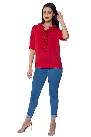 Red Vamp Georgette Ruffled Top by Sonal Singh