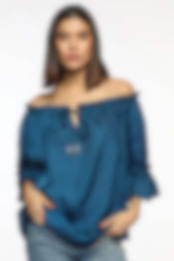 Deep Ocean Blue Satin Crystal Embroidered Off-Shoulder Top by Sonal Singh at Pernia's Pop Up Shop