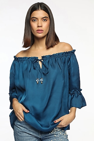 Deep Ocean Blue Satin Crystal Embroidered Off-Shoulder Top by Sonal Singh