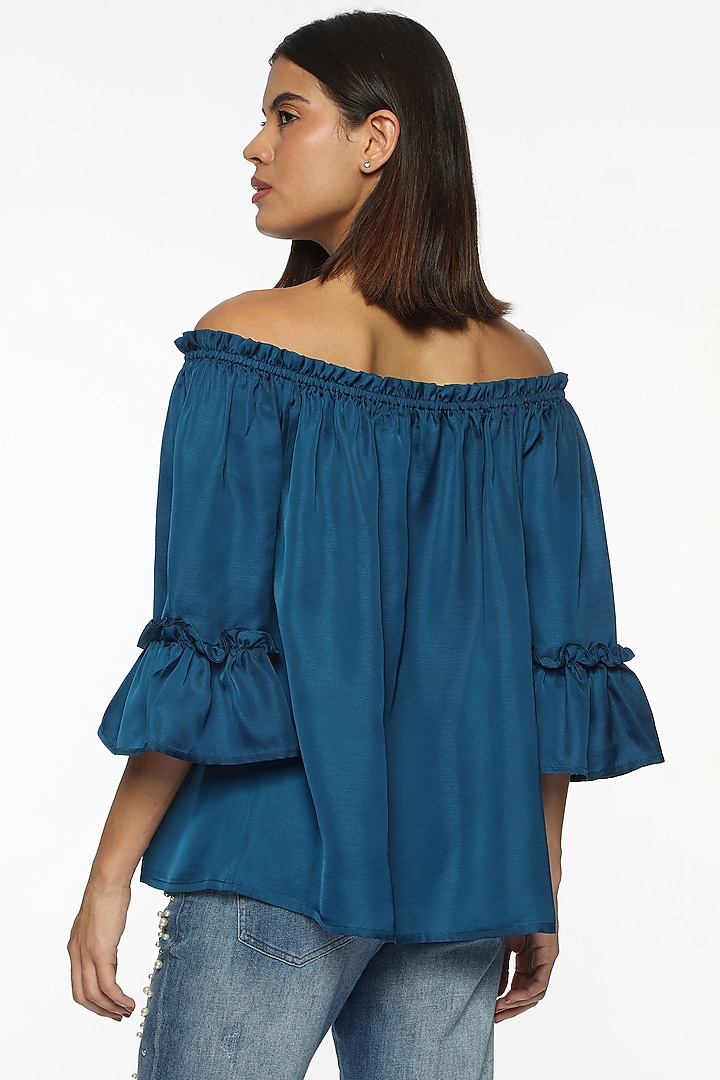 Deep Ocean Blue Satin Crystal Embroidered Off-Shoulder Top by Sonal Singh at Pernia's Pop Up Shop