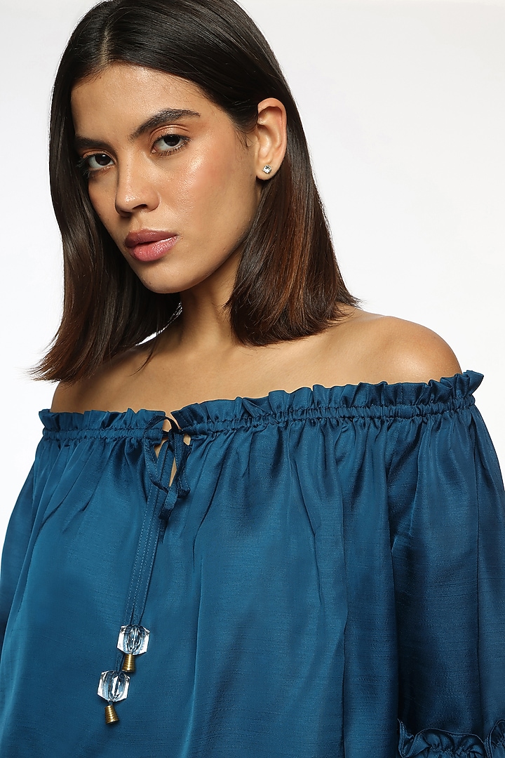 Deep Ocean Blue Satin Crystal Embroidered Off-Shoulder Top by Sonal Singh at Pernia's Pop Up Shop