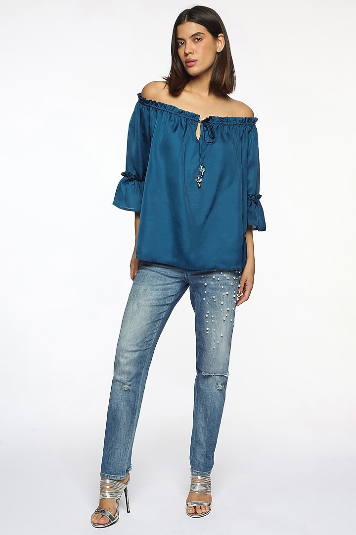 Deep Ocean Blue Satin Crystal Embroidered Off-Shoulder Top by Sonal Singh at Pernia's Pop Up Shop