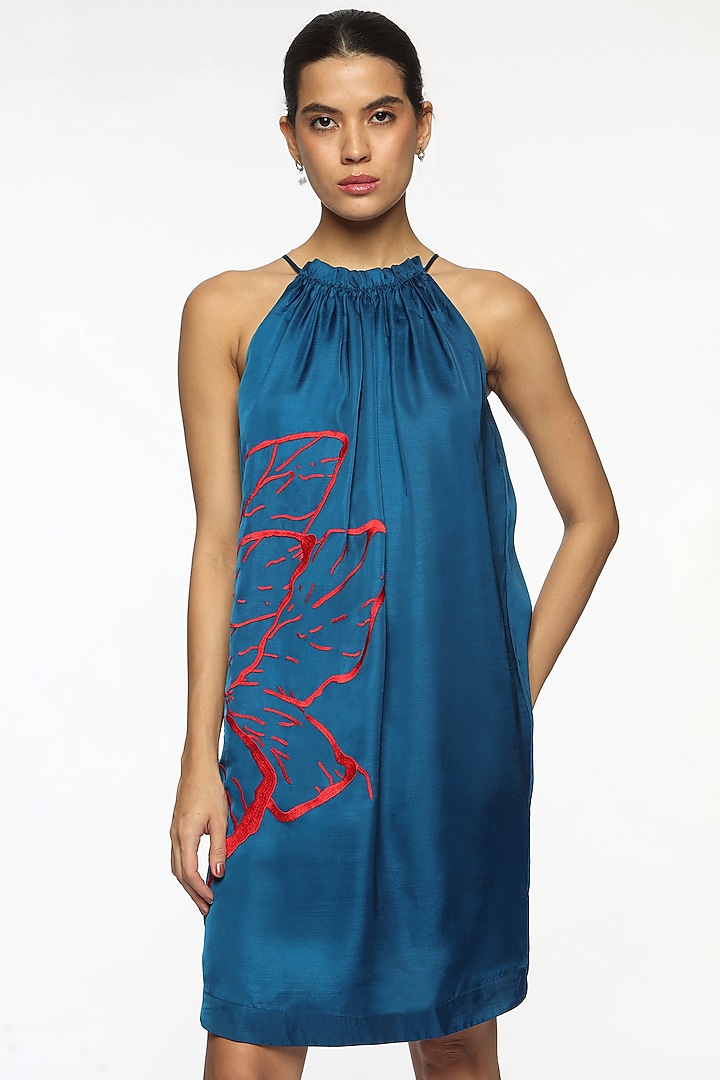 Deep Ocean Blue Georgette Crystal Embroidered Summer Dress by Sonal Singh at Pernia's Pop Up Shop