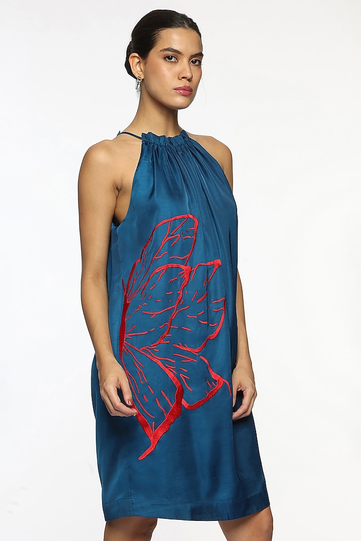 Deep Ocean Blue Georgette Crystal Embroidered Summer Dress by Sonal Singh at Pernia's Pop Up Shop