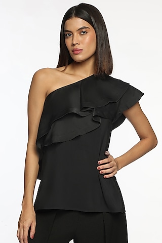 Black Satin Ruffled One-Shoulder Top by Sonal Singh