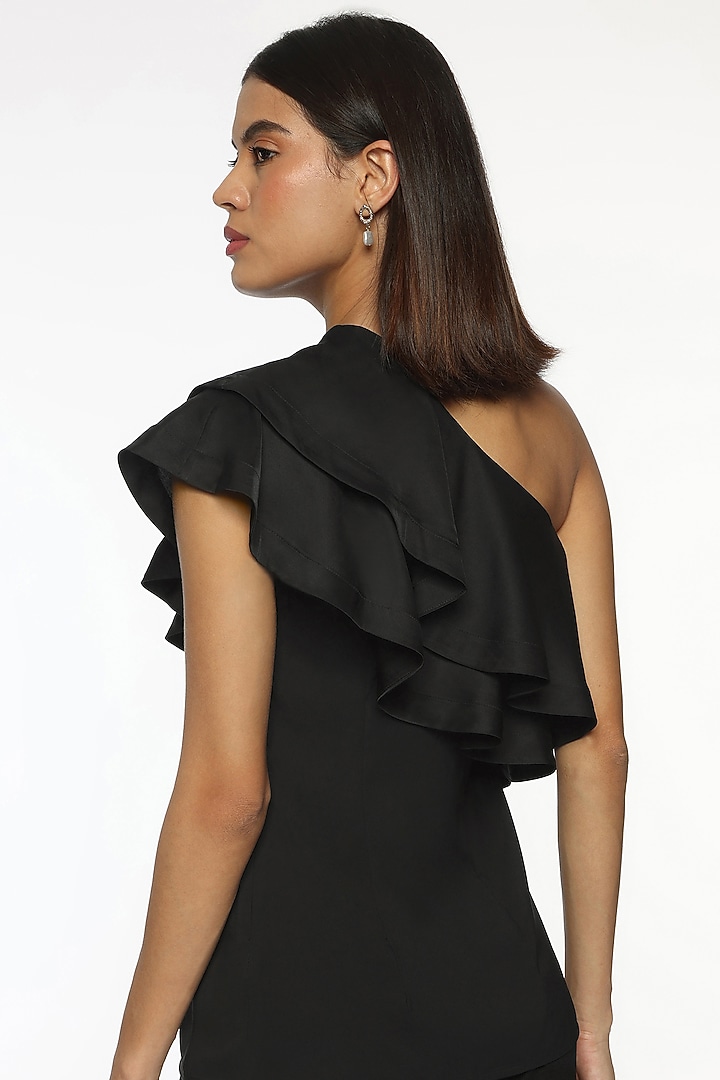 Black Satin Ruffled One-Shoulder Top by Sonal Singh at Pernia's Pop Up Shop
