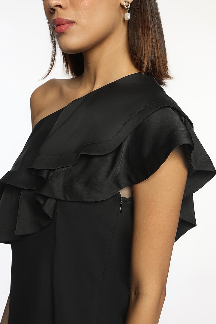 Black Satin Ruffled One-Shoulder Top by Sonal Singh at Pernia's Pop Up Shop