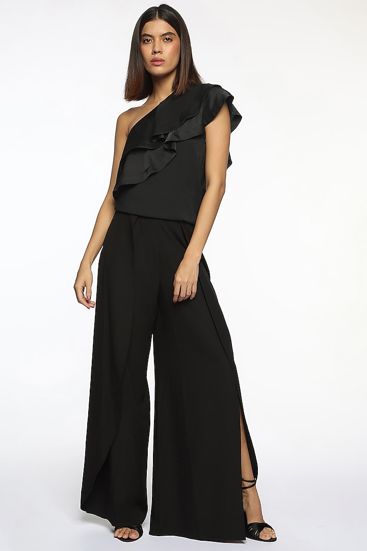 Black Satin Ruffled One-Shoulder Top by Sonal Singh at Pernia's Pop Up Shop
