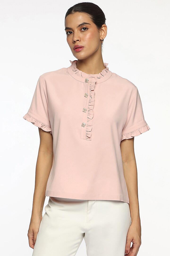 Pink Satin Frilled Blouse by Sonal Singh at Pernia's Pop Up Shop