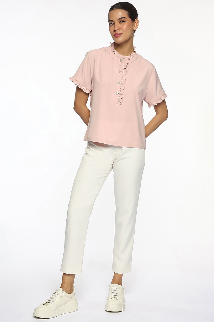 Pink Satin Frilled Blouse by Sonal Singh at Pernia's Pop Up Shop