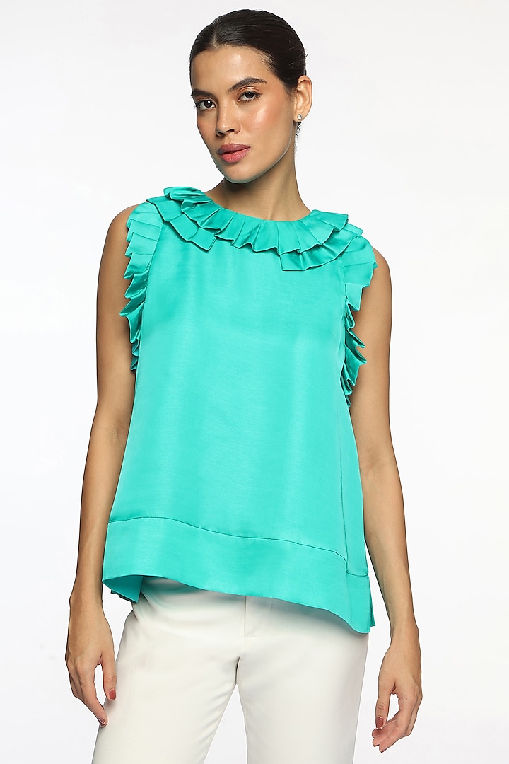 Atlantis Blue Satin Sleeveless Top by Sonal Singh at Pernia's Pop Up Shop