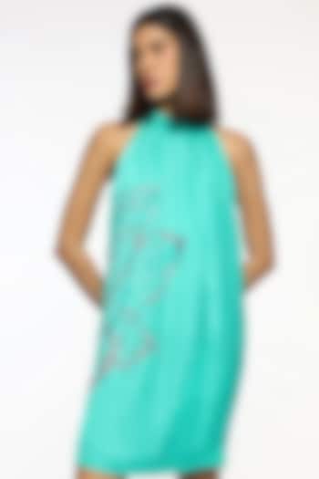 Atlantis Blue Satin Embroidered Midi Summer Dress by Sonal Singh at Pernia's Pop Up Shop