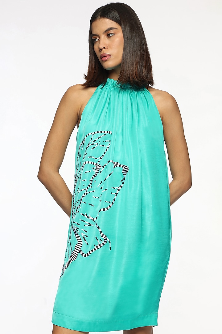 Atlantis Blue Satin Embroidered Midi Summer Dress by Sonal Singh at Pernia's Pop Up Shop