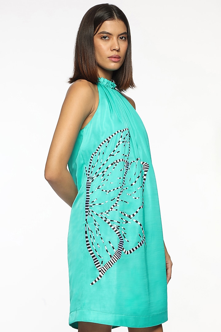 Atlantis Blue Satin Embroidered Midi Summer Dress by Sonal Singh at Pernia's Pop Up Shop