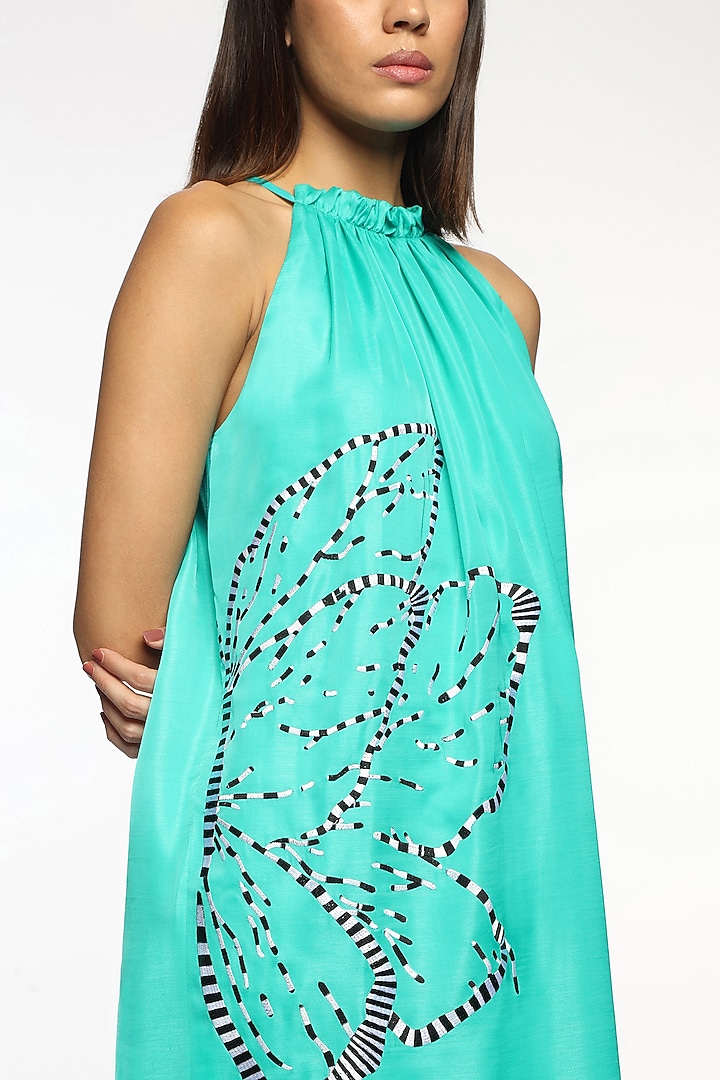 Atlantis Blue Satin Embroidered Midi Summer Dress by Sonal Singh at Pernia's Pop Up Shop