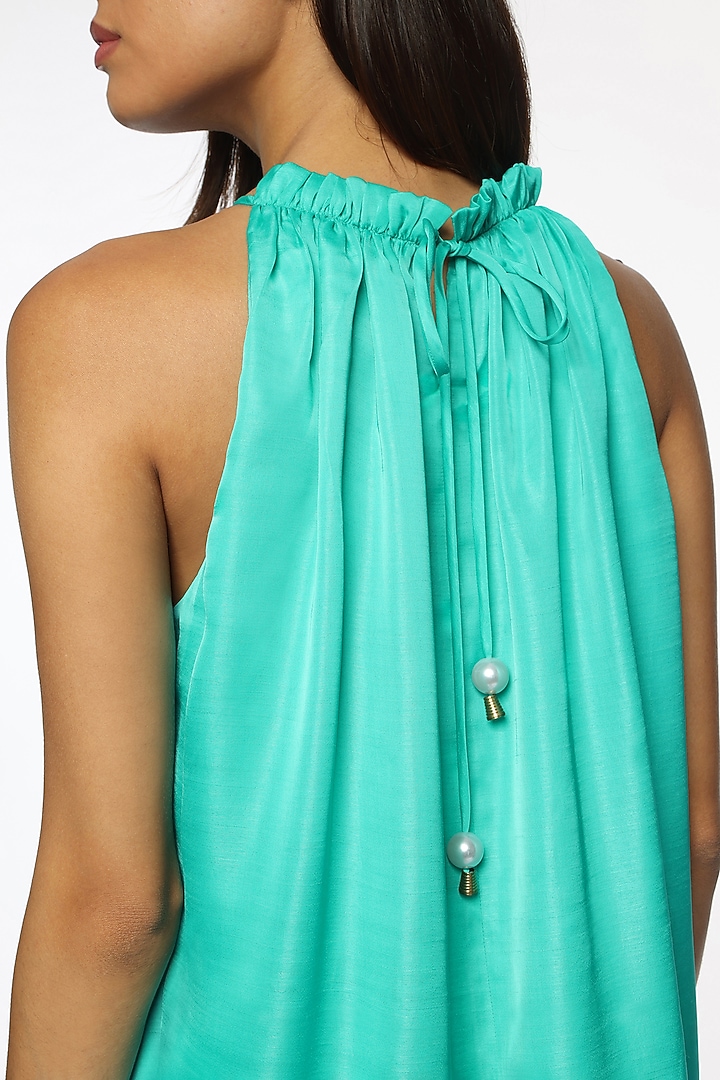 Atlantis Blue Satin Embroidered Midi Summer Dress by Sonal Singh at Pernia's Pop Up Shop