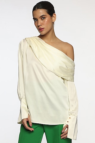 Cappuccino Foam White Satin One-Shoulder Blouse by Sonal Singh