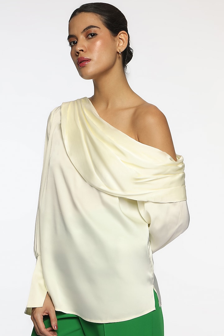 Cappuccino Foam White Satin One-Shoulder Blouse by Sonal Singh at Pernia's Pop Up Shop