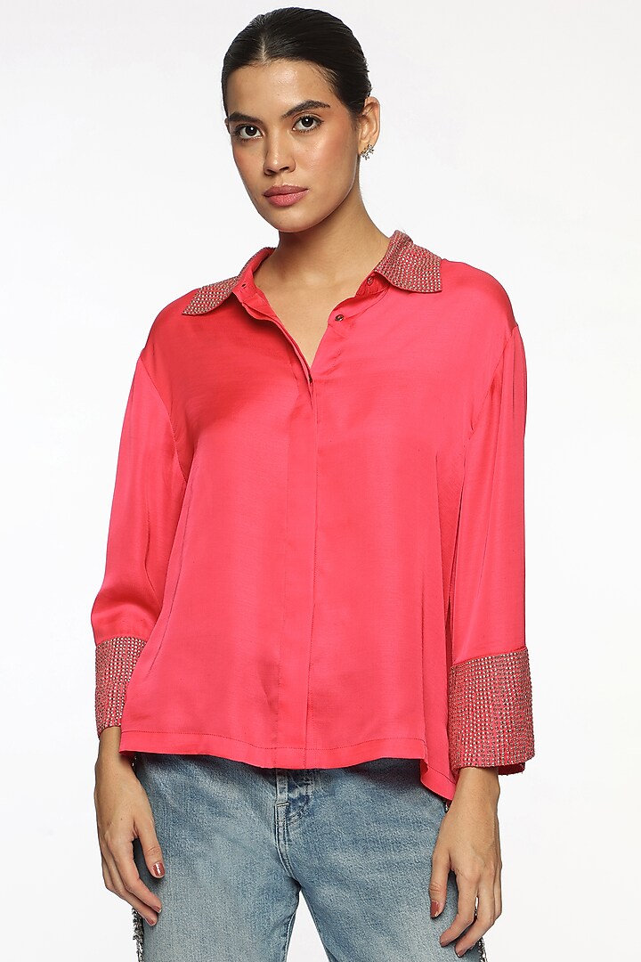 Pink Satin Hand Embroidered Shirt by Sonal Singh at Pernia's Pop Up Shop