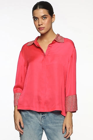Pink Satin Hand Embroidered Shirt by Sonal Singh