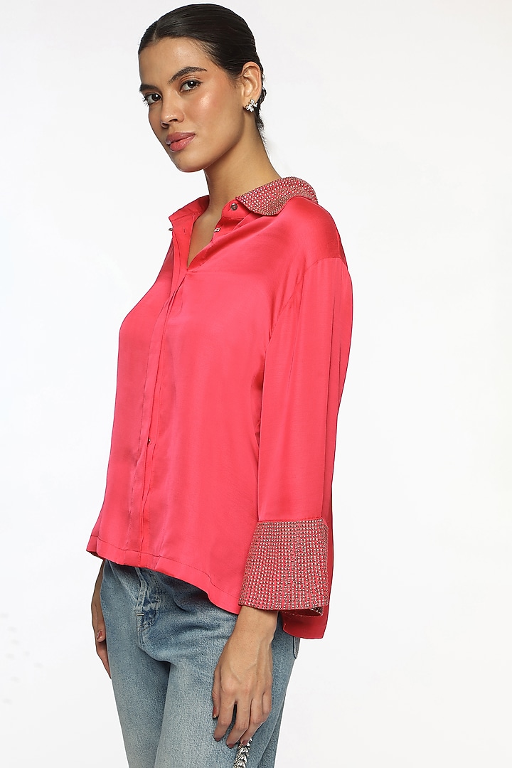 Pink Satin Hand Embroidered Shirt by Sonal Singh at Pernia's Pop Up Shop