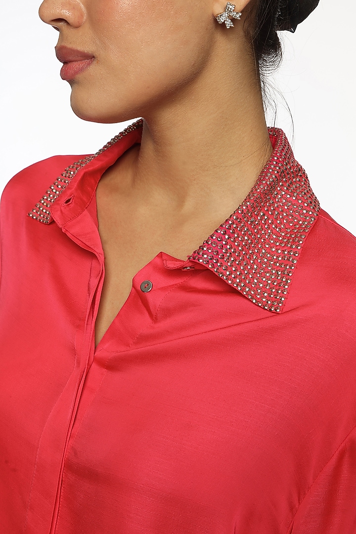 Pink Satin Hand Embroidered Shirt by Sonal Singh at Pernia's Pop Up Shop