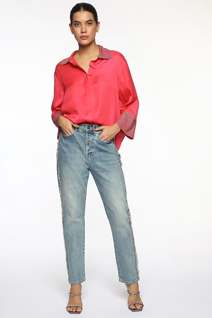 Pink Satin Hand Embroidered Shirt by Sonal Singh at Pernia's Pop Up Shop
