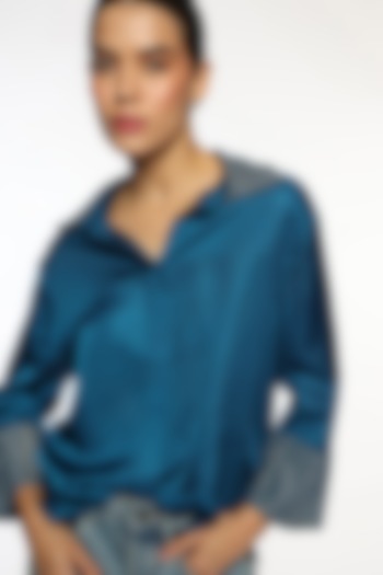 Deep Ocean Blue Satin Hand Embroidered Shirt by Sonal Singh at Pernia's Pop Up Shop
