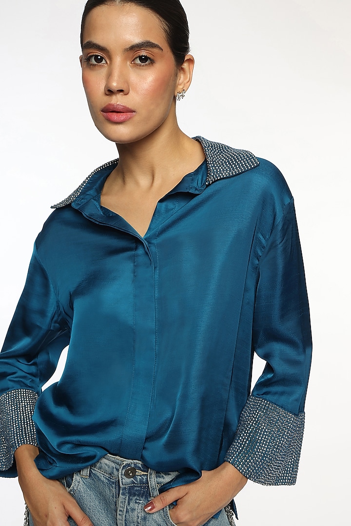 Deep Ocean Blue Satin Hand Embroidered Shirt by Sonal Singh at Pernia's Pop Up Shop