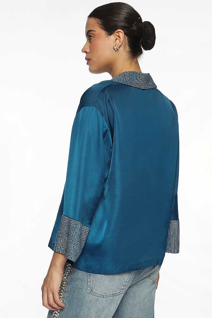 Deep Ocean Blue Satin Hand Embroidered Shirt by Sonal Singh at Pernia's Pop Up Shop