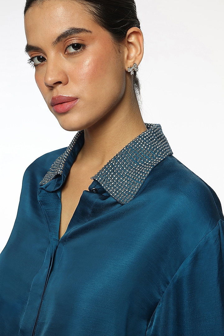 Deep Ocean Blue Satin Hand Embroidered Shirt by Sonal Singh at Pernia's Pop Up Shop