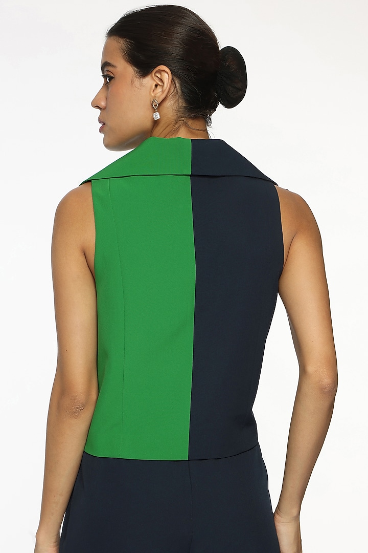 Blue & Everglades Banana Crepe Color Blocked Waistcoat by Sonal Singh at Pernia's Pop Up Shop
