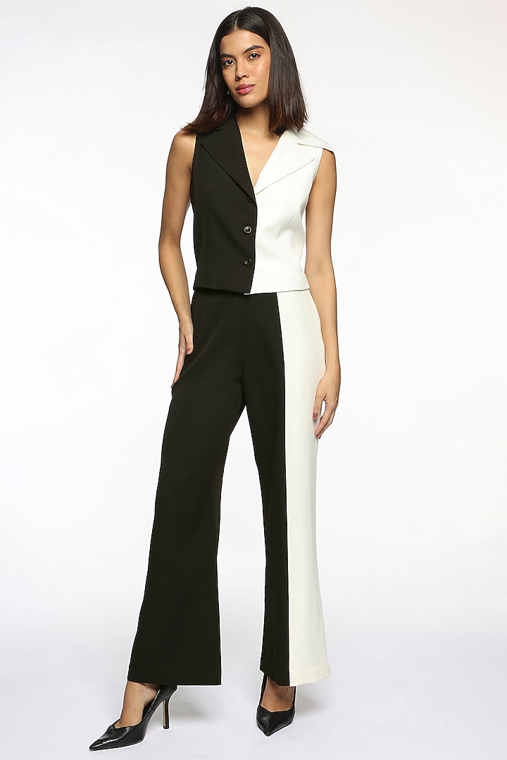 Black & Lucent White Banana Crepe Color Blocked Waistcoat by Sonal Singh at Pernia's Pop Up Shop