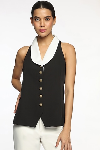 Black Banana Crepe Waistcoat by Sonal Singh