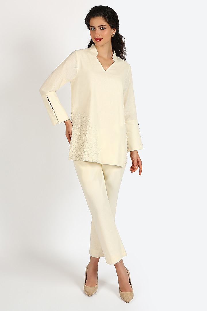 Coconut Milk Linen Embroidered Co-Ord Set by Sonal Singh at Pernia's Pop Up Shop