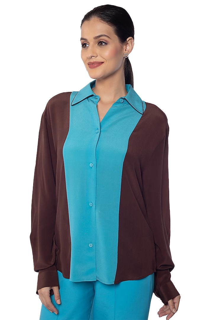 Blue & Coco Brown Silk Crepe Shirt by Sonal Singh at Pernia's Pop Up Shop