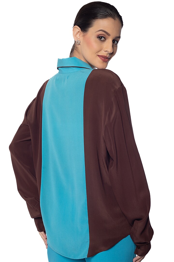 Blue & Coco Brown Silk Crepe Shirt by Sonal Singh at Pernia's Pop Up Shop