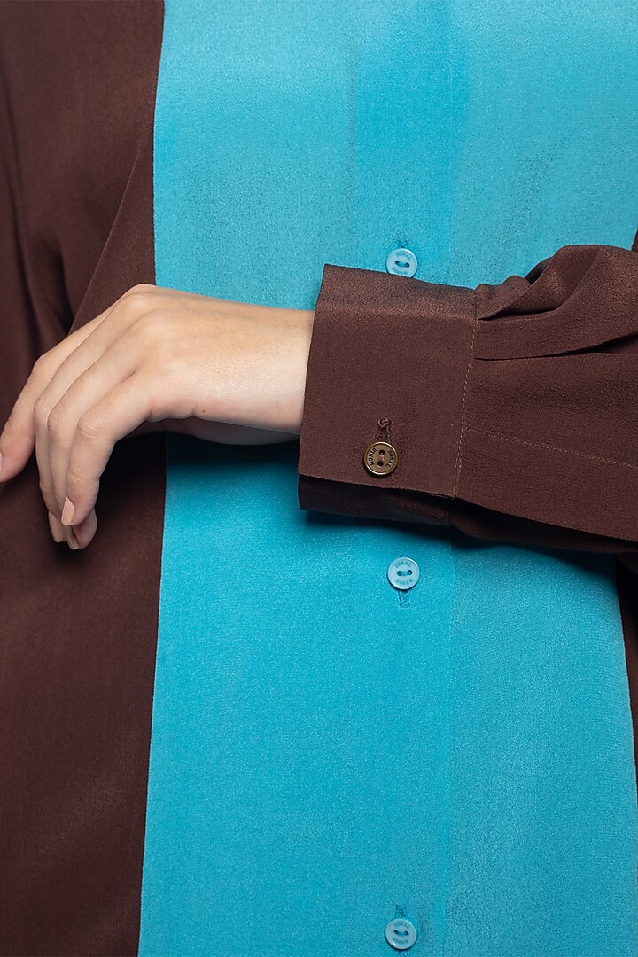 Blue & Coco Brown Silk Crepe Shirt by Sonal Singh at Pernia's Pop Up Shop
