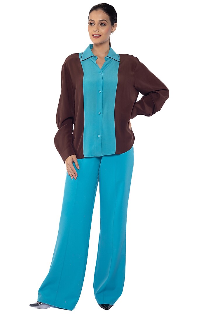 Blue & Coco Brown Silk Crepe Shirt by Sonal Singh at Pernia's Pop Up Shop