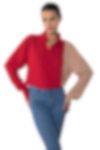 Red & Tan Georgette Shirt by Sonal Singh at Pernia's Pop Up Shop