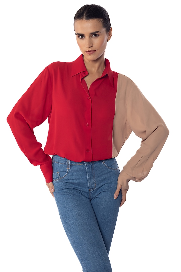 Red & Tan Georgette Shirt by Sonal Singh at Pernia's Pop Up Shop