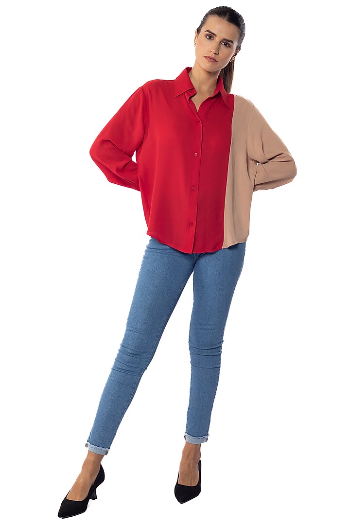 Red & Tan Georgette Shirt by Sonal Singh at Pernia's Pop Up Shop