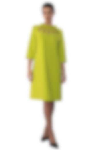 Citrus Leaf Banana Crepe Floral Applique Work Vacation Dress by Sonal Singh at Pernia's Pop Up Shop