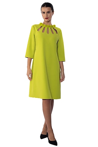 Citrus Leaf Banana Crepe Floral Applique Work Dress by Sonal Singh