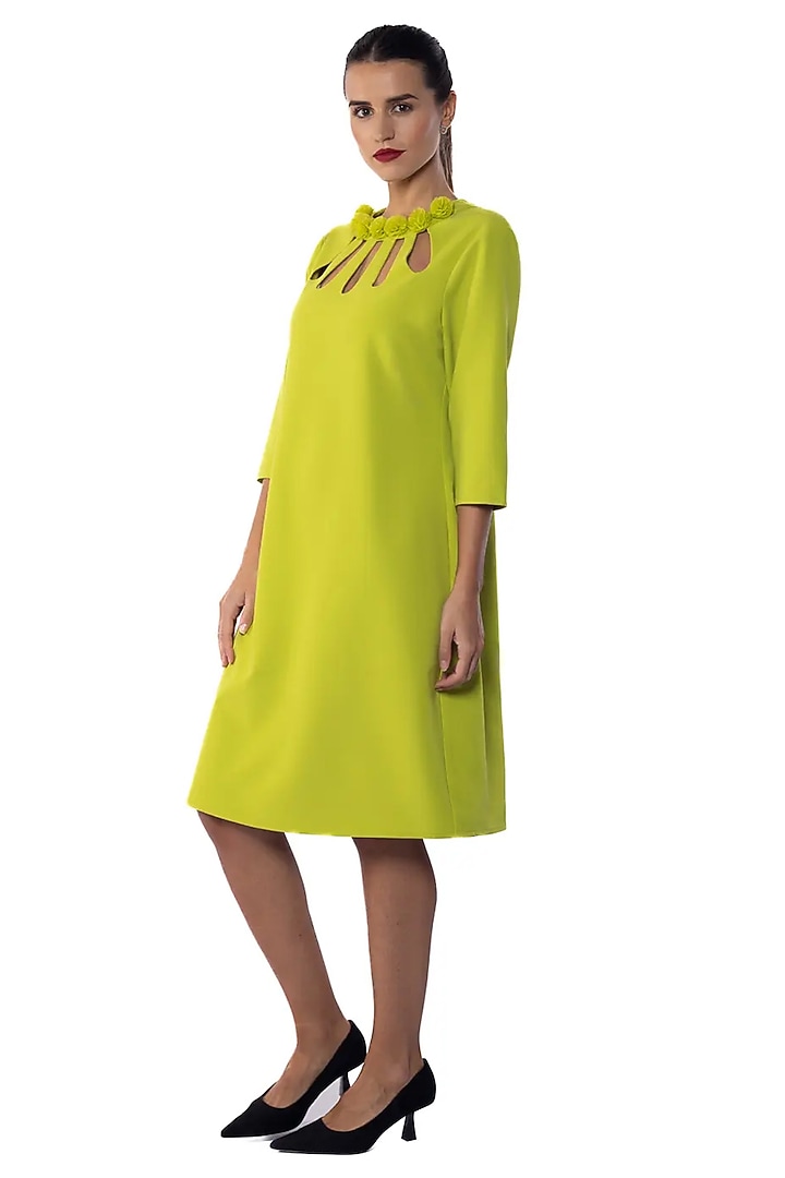 Citrus Leaf Banana Crepe Floral Applique Work Vacation Dress by Sonal Singh at Pernia's Pop Up Shop
