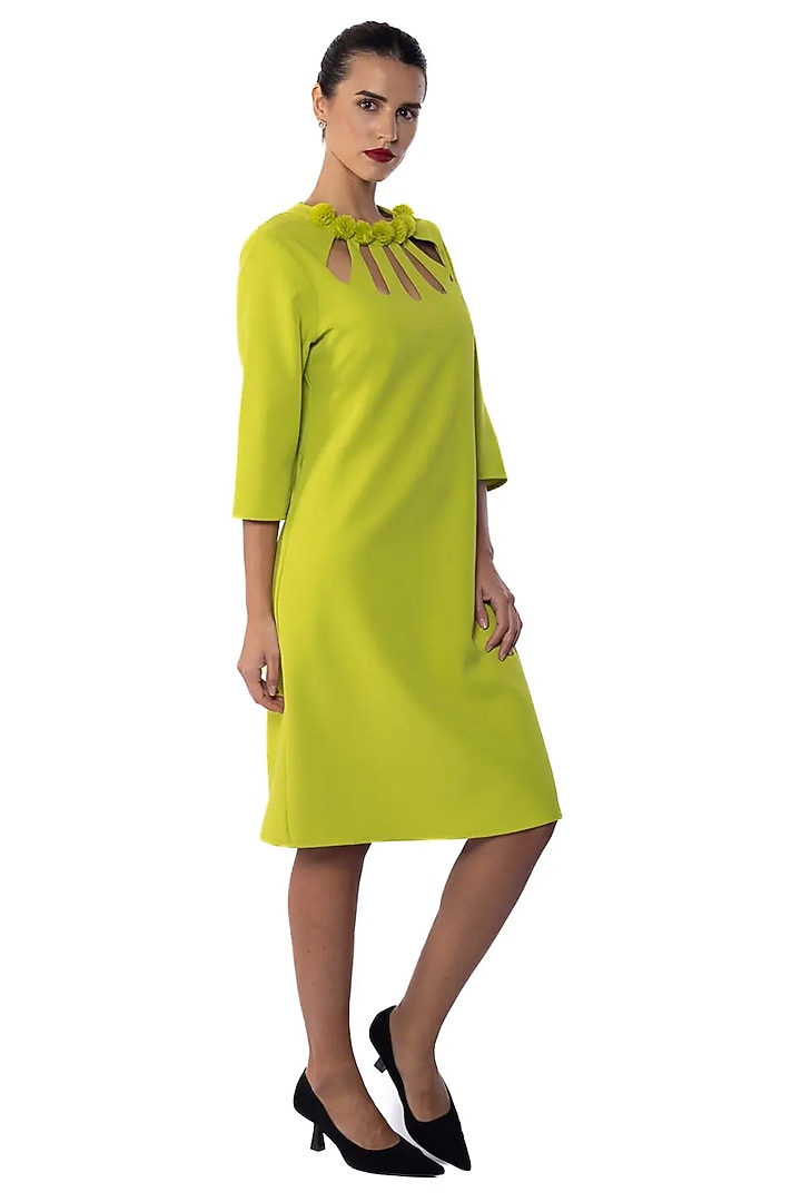Citrus Leaf Banana Crepe Floral Applique Work Vacation Dress by Sonal Singh at Pernia's Pop Up Shop