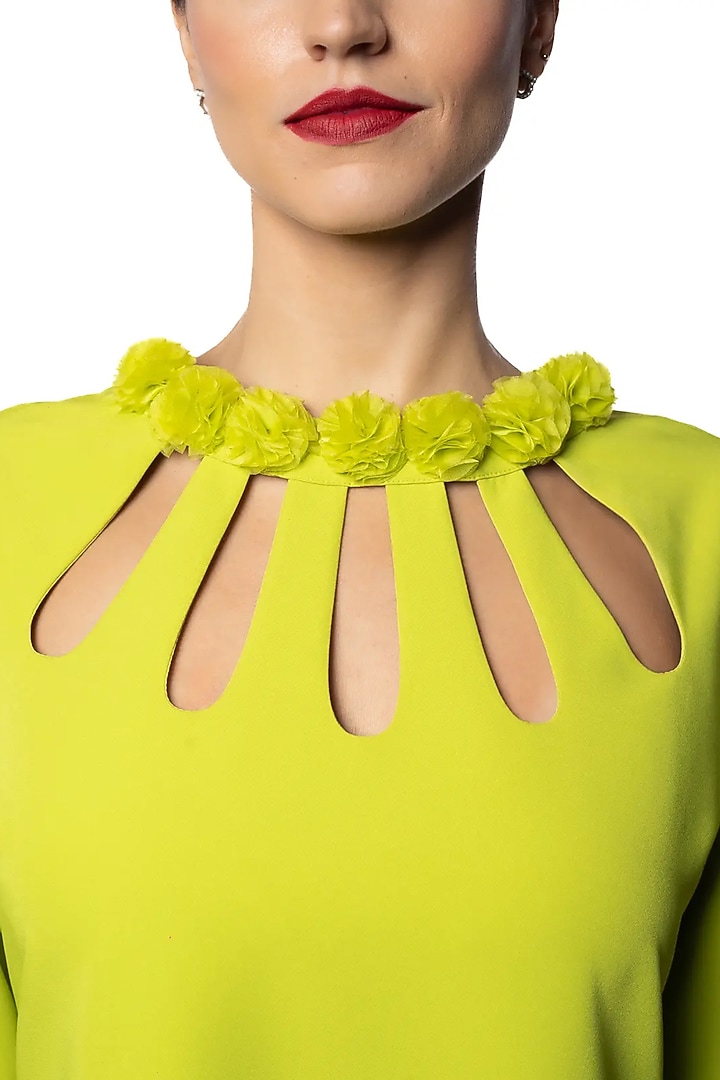 Citrus Leaf Banana Crepe Floral Applique Work Vacation Dress by Sonal Singh at Pernia's Pop Up Shop