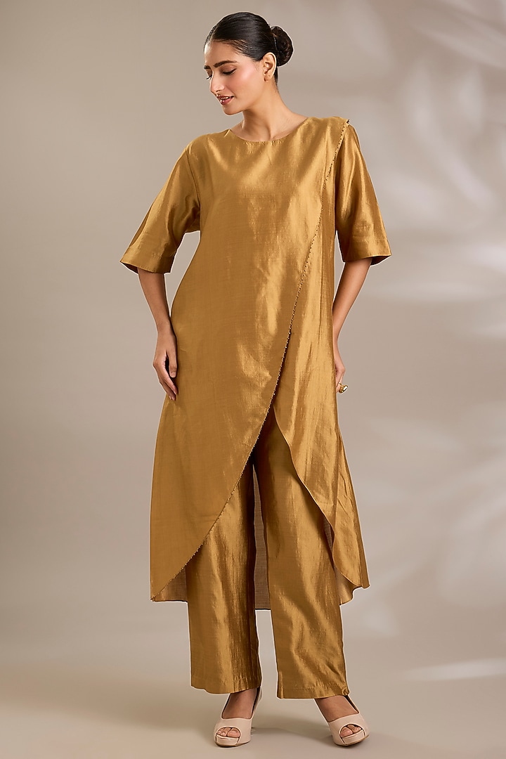 Honey Bronze Chanderi Silk Asymmetrical Tunic Set by Sonal Singh at Pernia's Pop Up Shop