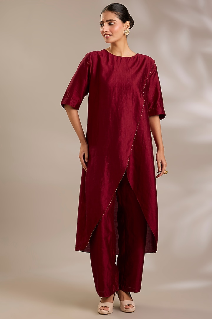 Cherry Red Chanderi Silk Asymmetrical Tunic Set by Sonal Singh at Pernia's Pop Up Shop