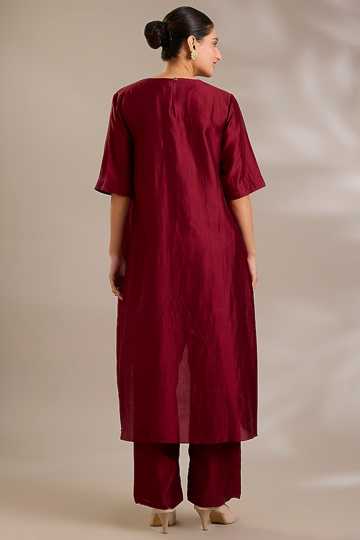 Cherry Red Chanderi Silk Asymmetrical Tunic Set by Sonal Singh at Pernia's Pop Up Shop